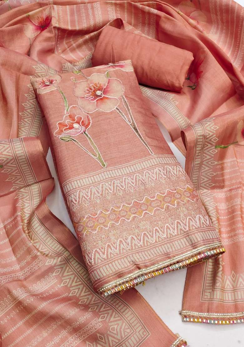 Peach Embroidered Cotton Straight Kurta Set - Indya