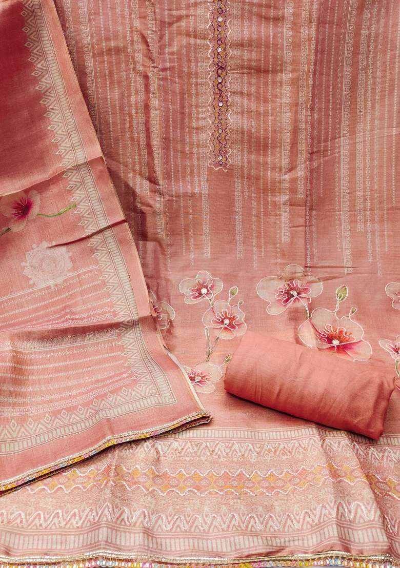 Peach Embroidered Cotton Straight Kurta Set - Indya