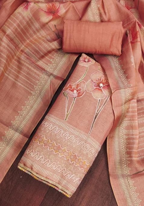 Peach Embroidered Cotton Blend Dress Material