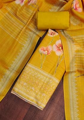 Mustard Embroidered Cotton Blend Dress Material