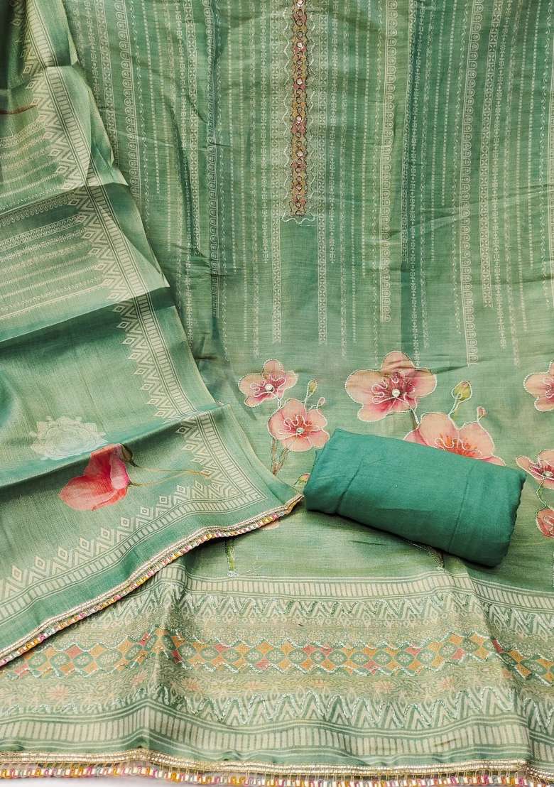 Sea Green Floral Print Cotton Straight Kurta Set - Indya