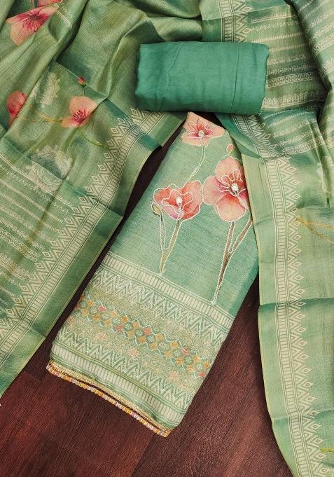 Sea Green Floral Print Cotton Straight Kurta Set