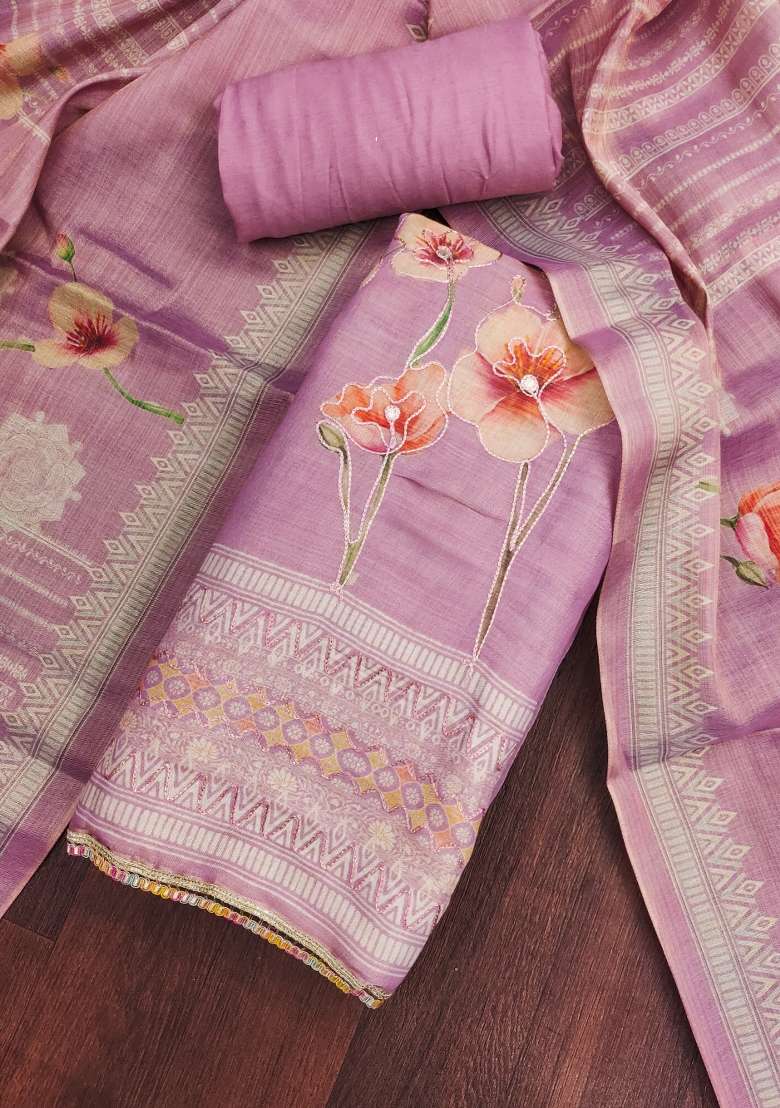 Lavender Embroidered Cotton Blend Dress Material - Indya