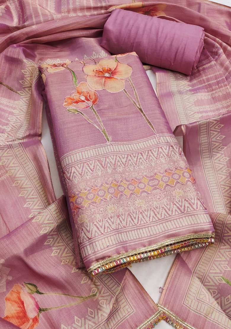 Lavender Embroidered Cotton Blend Dress Material - Indya