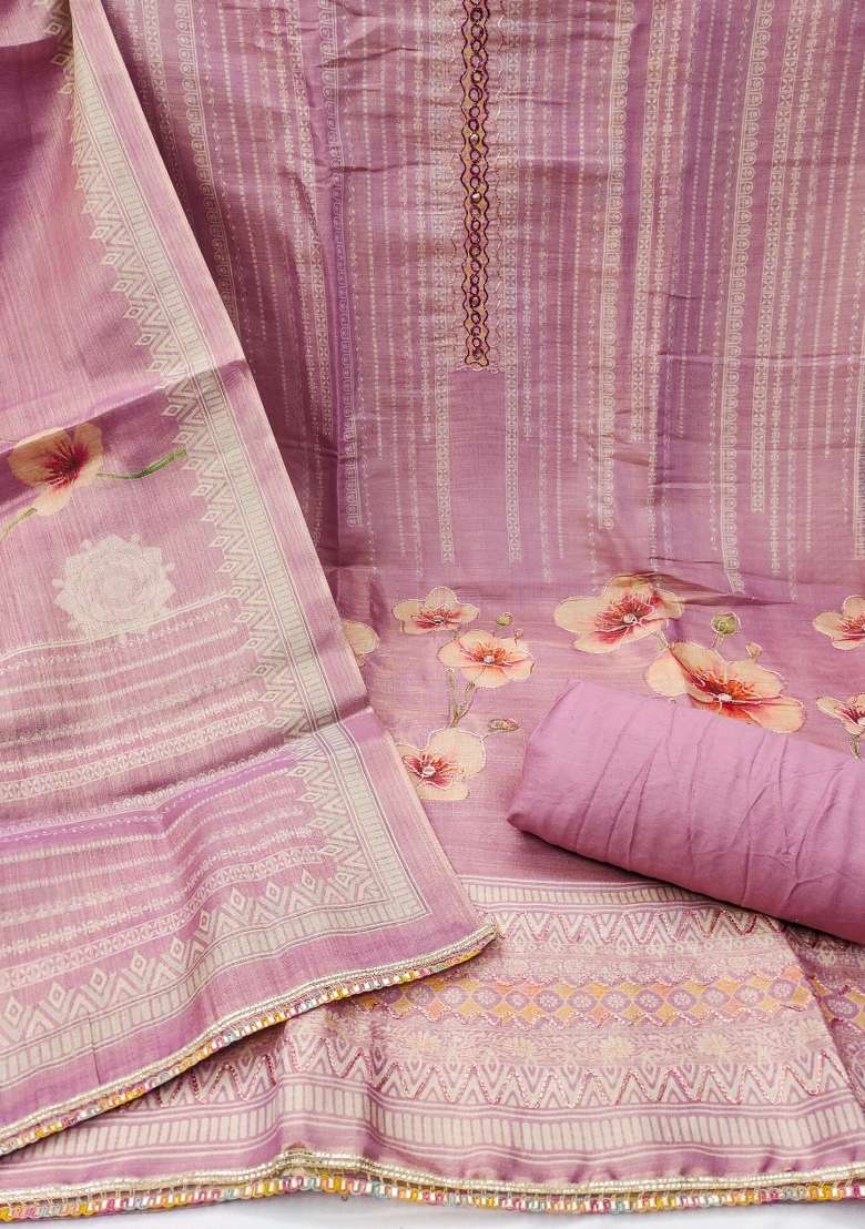 Lavender Embroidered Cotton Blend Dress Material - Indya