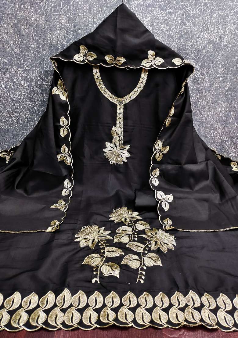 Black Embroidered Blended Straight Kurta Set - Indya