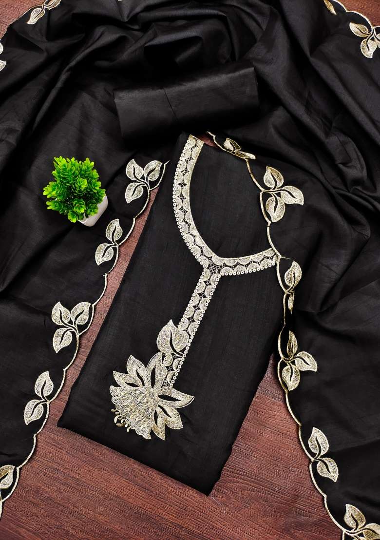 Black Embroidered Blended Straight Kurta Set - Indya