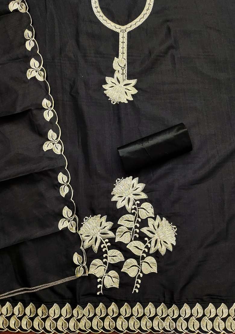 Black Embroidered Blended Straight Kurta Set - Indya