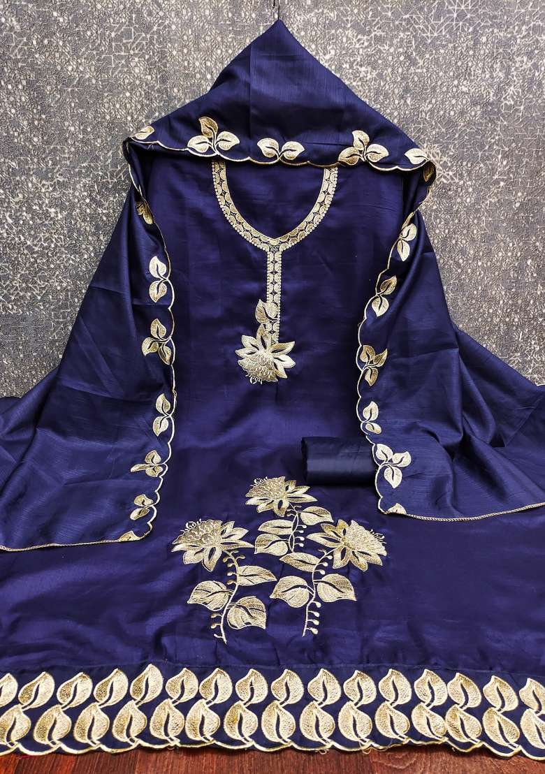 Blue Embroidered Blended Straight Kurta Set - Indya