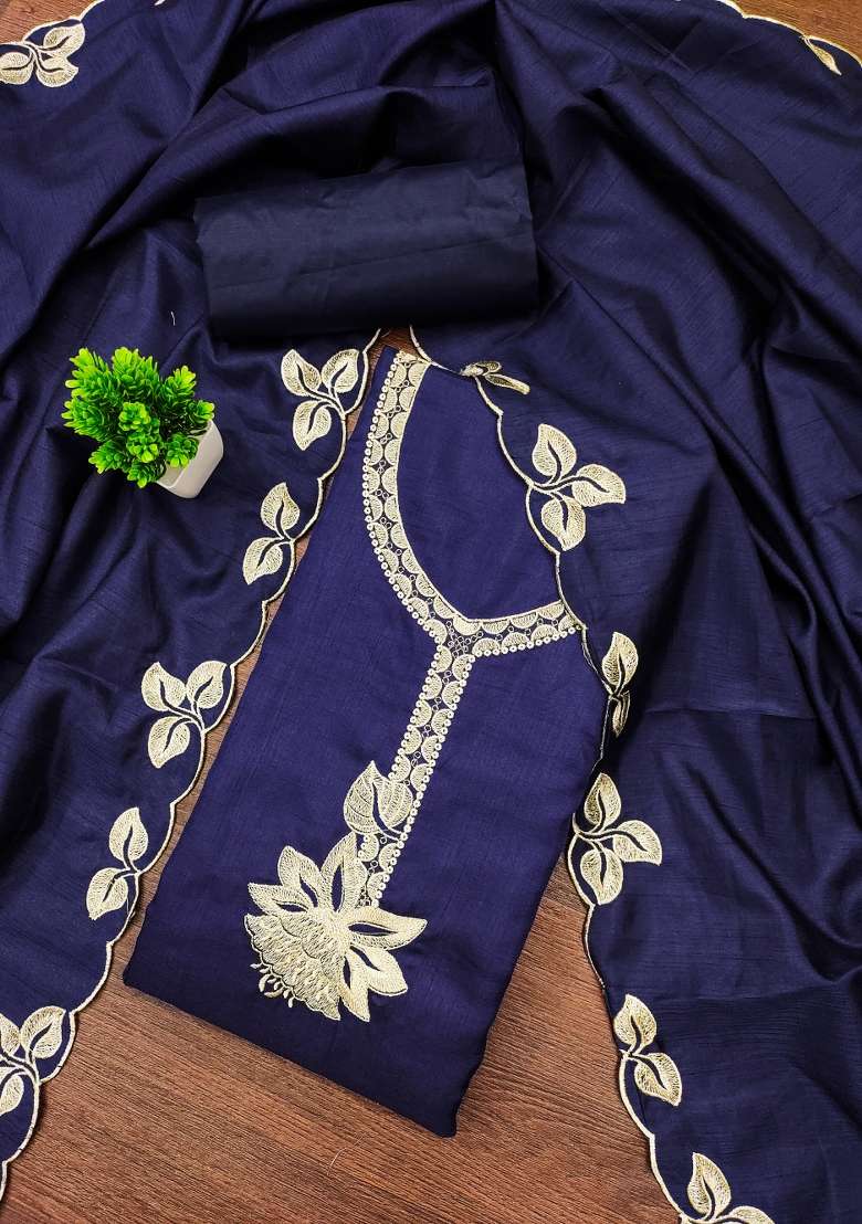Blue Embroidered Blended Straight Kurta Set - Indya
