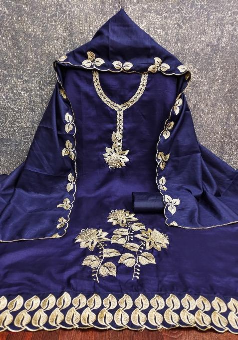 Blue Embroidered Cotton Blend Dress Material