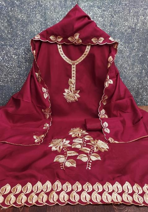 Maroon Embroidered Cotton Blend Dress Material