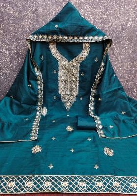 Teal Blue Embroidered Cotton Blend Dress Material