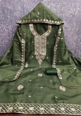 Green Embroidered Cotton Blend Dress Material