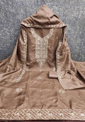 Grey Embroidered Cotton Blend Dress Material