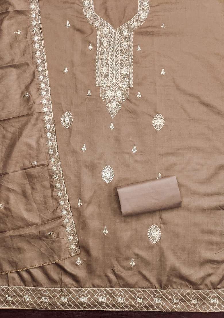 Grey Embroidered Blended Straight Kurta Set - Indya