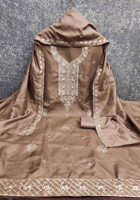 Grey Embroidered Cotton Blend Dress Material