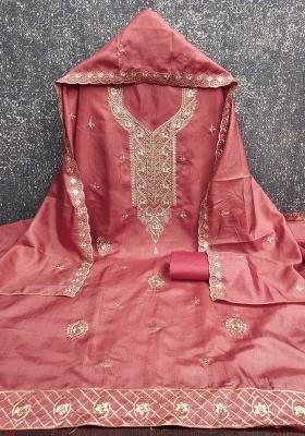 Pink Embroidered Cotton Blend Dress Material