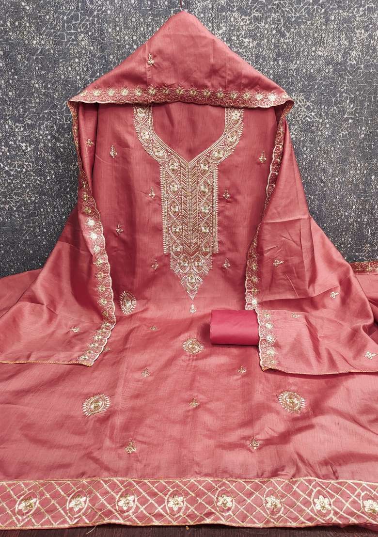Pink Embroidered Blended Straight Kurta Set - Indya