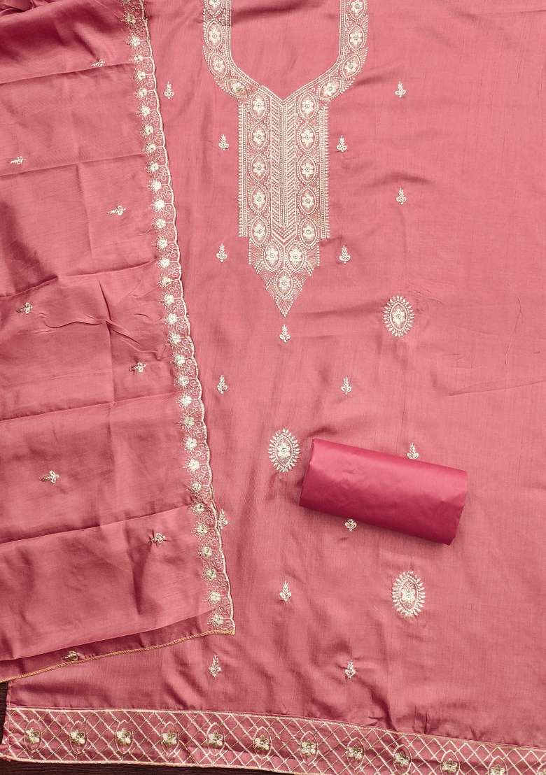 Pink Embroidered Blended Straight Kurta Set - Indya