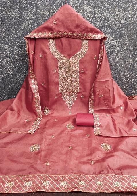 Pink Embroidered Cotton Blend Dress Material