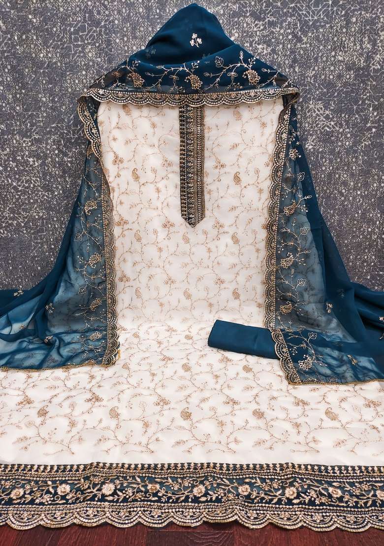 White Embroidered Georgette Pakistani Suit Set - Indya