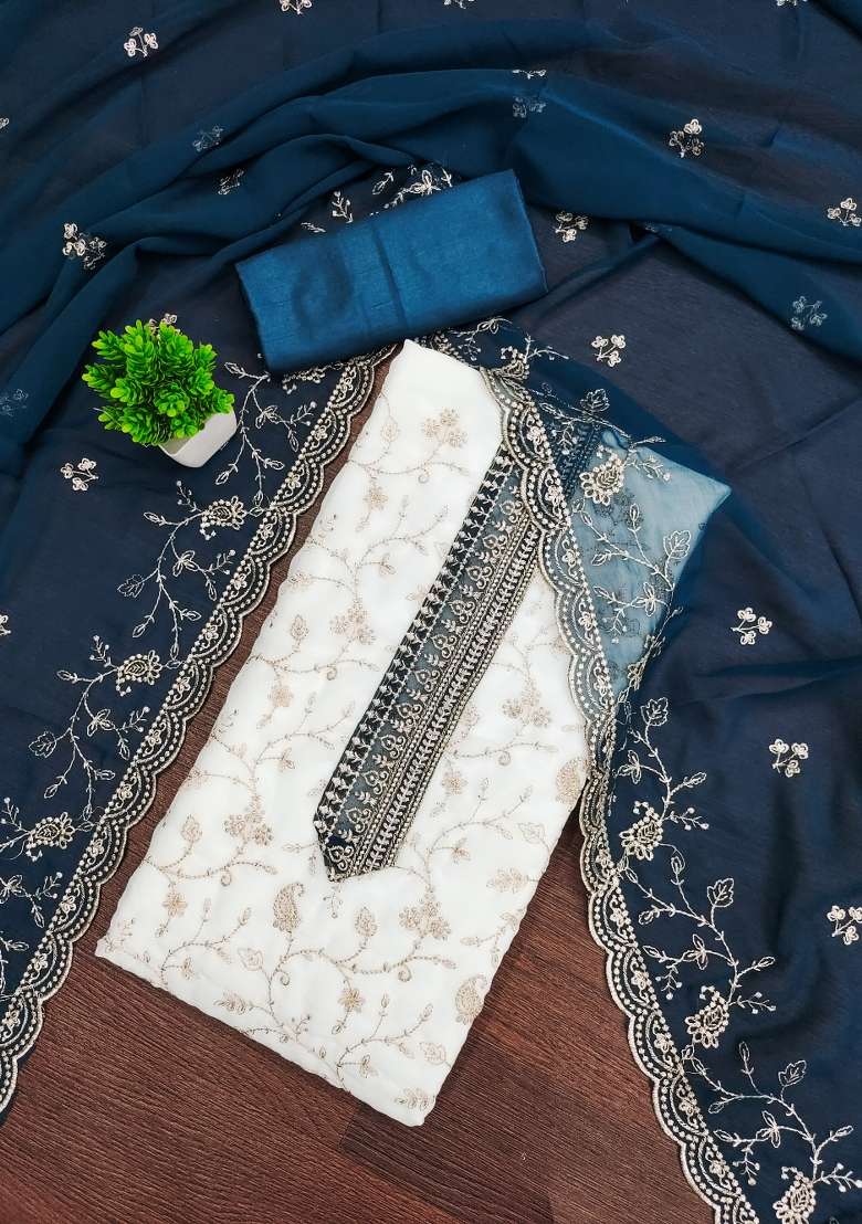 White Embroidered Georgette Pakistani Suit Set - Indya