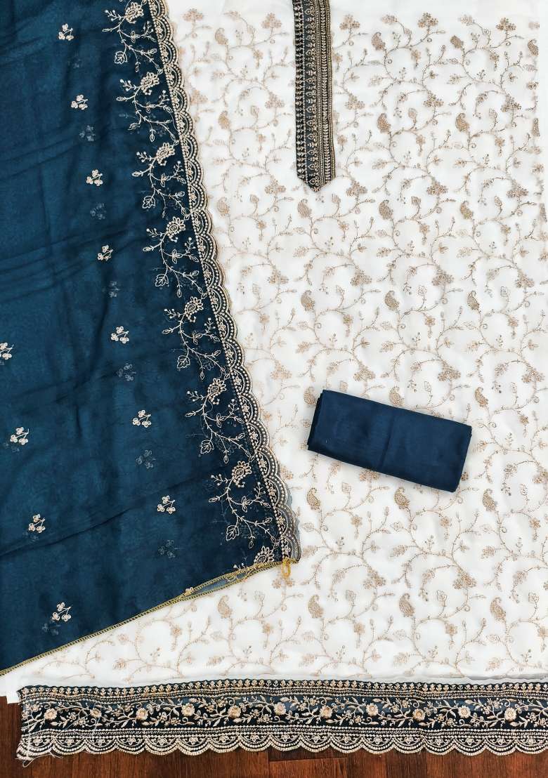 White Embroidered Georgette Pakistani Suit Set - Indya