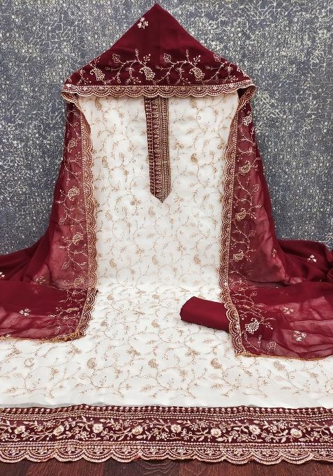 White Embroidered Georgette Dress Material