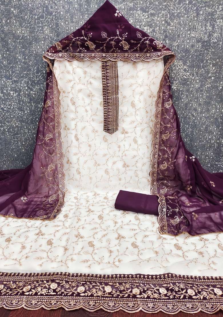 White Embroidered Georgette Pakistani Suit Set - Indya
