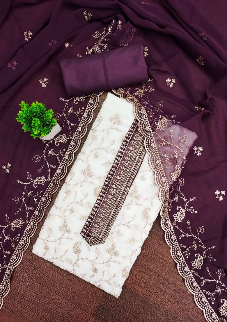 White Embroidered Georgette Pakistani Suit Set - Indya
