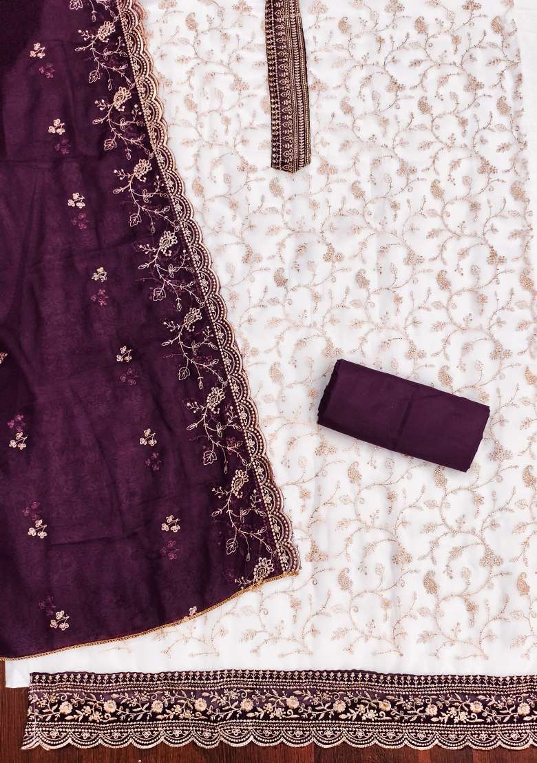 White Embroidered Georgette Pakistani Suit Set - Indya