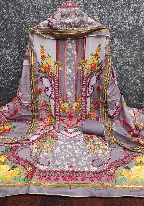 Multicolor Embroidered Cotton Blend Dress Material