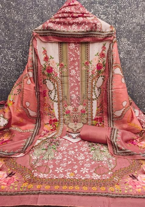 Multicolor Embroidered Cotton Blend Dress Material