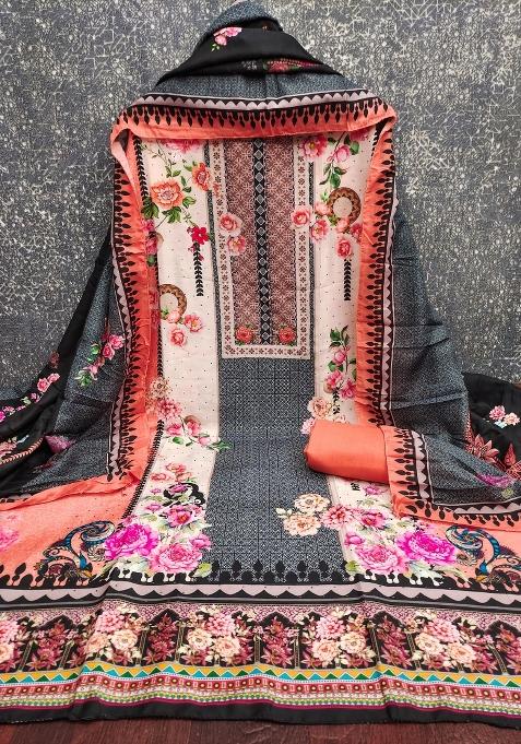 Multicolor Embroidered Cotton Blend Dress Material