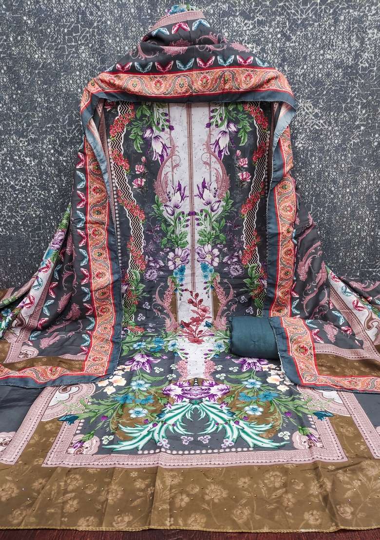 Multicolor Floral Print Blended Pakistani Suit Set - Indya