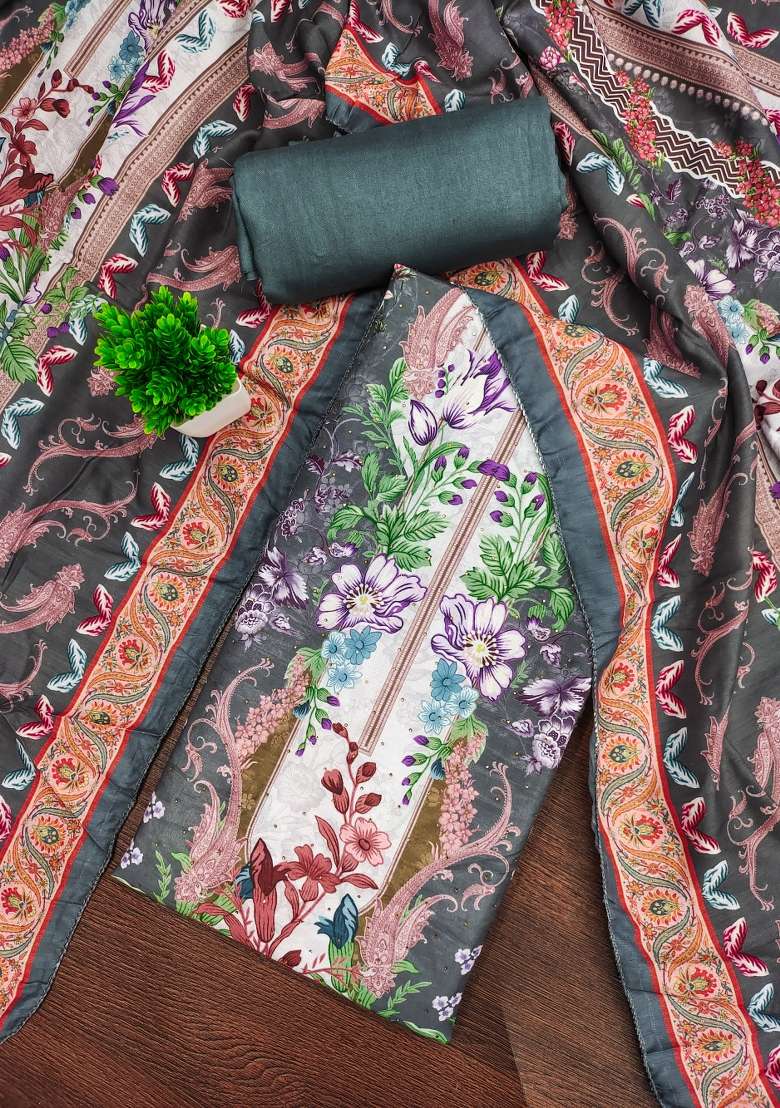 Multicolor Floral Print Blended Pakistani Suit Set - Indya
