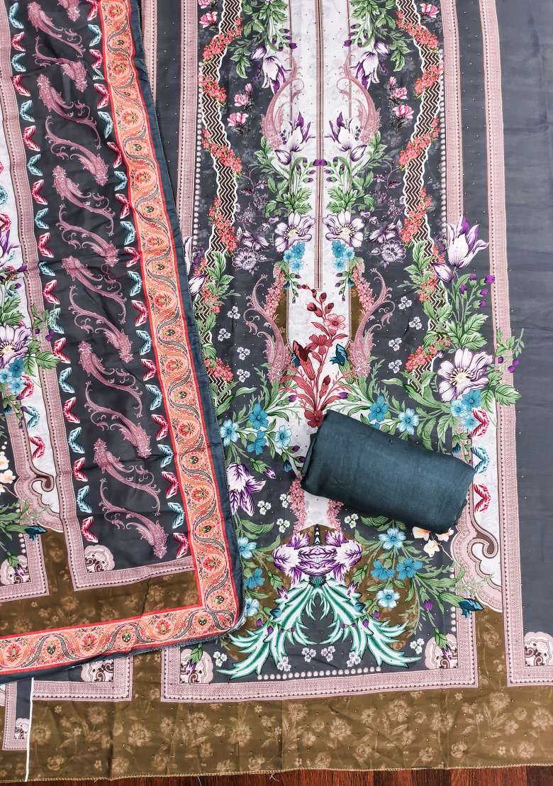 Multicolor Floral Print Blended Pakistani Suit Set - Indya