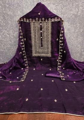 Blue Embroidered Silk Dress Material