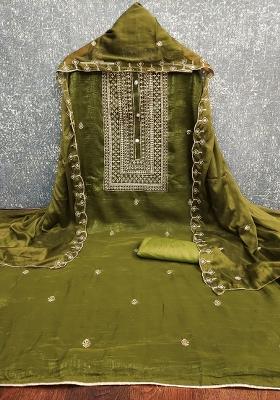 Green Embroidered Silk Dress Material
