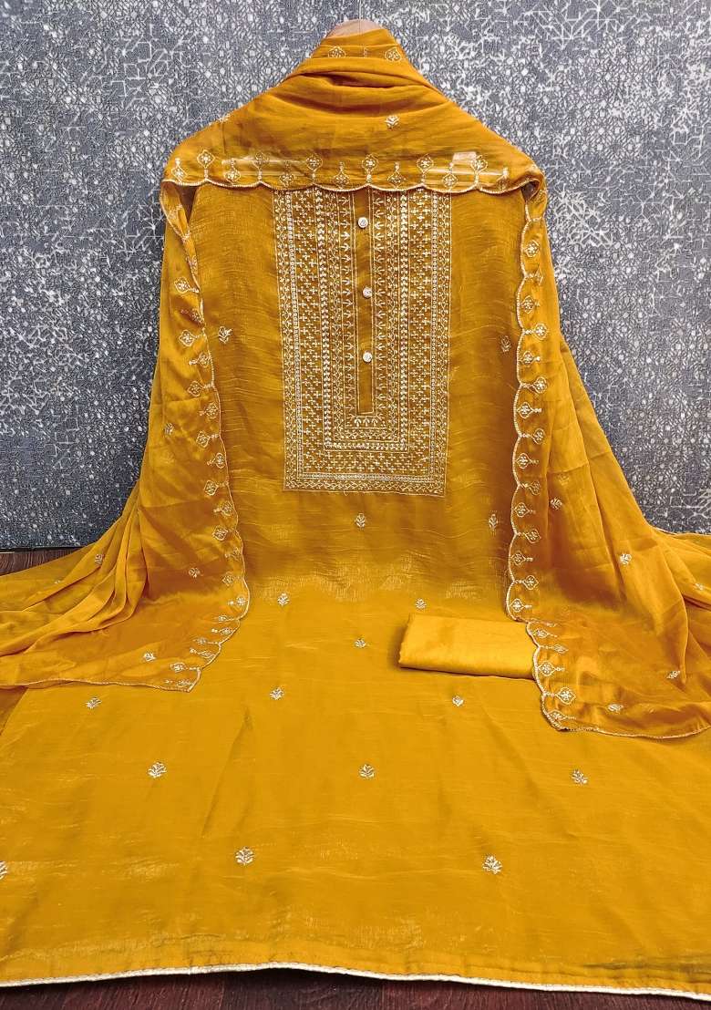 Mustard Embroidered Silk Blend Straight Kurta Set - Indya