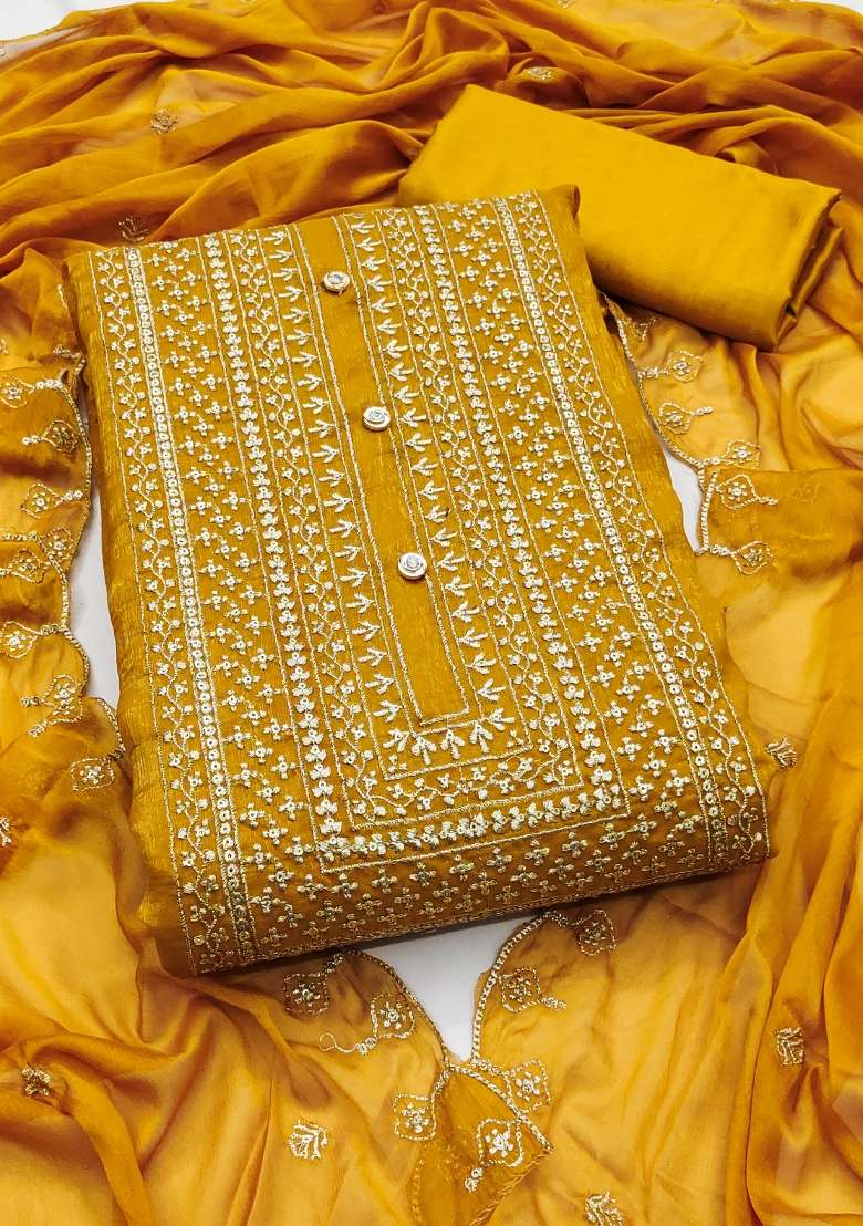 Mustard Embroidered Silk Blend Straight Kurta Set - Indya