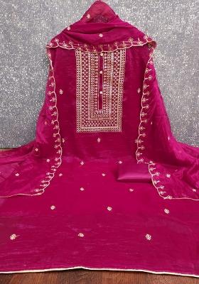 Pink Embroidered Silk Dress Material