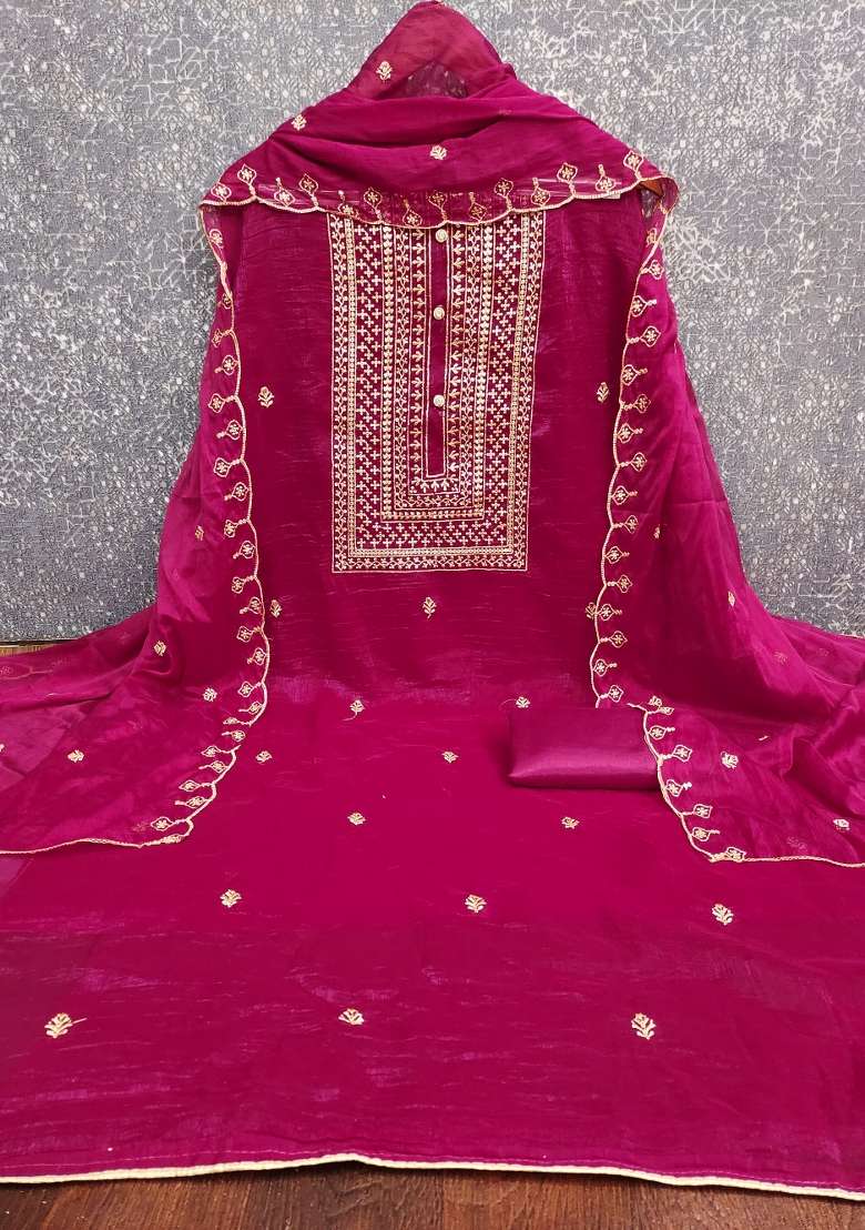 Pink Embroidered Silk Blend Dress Material - Indya