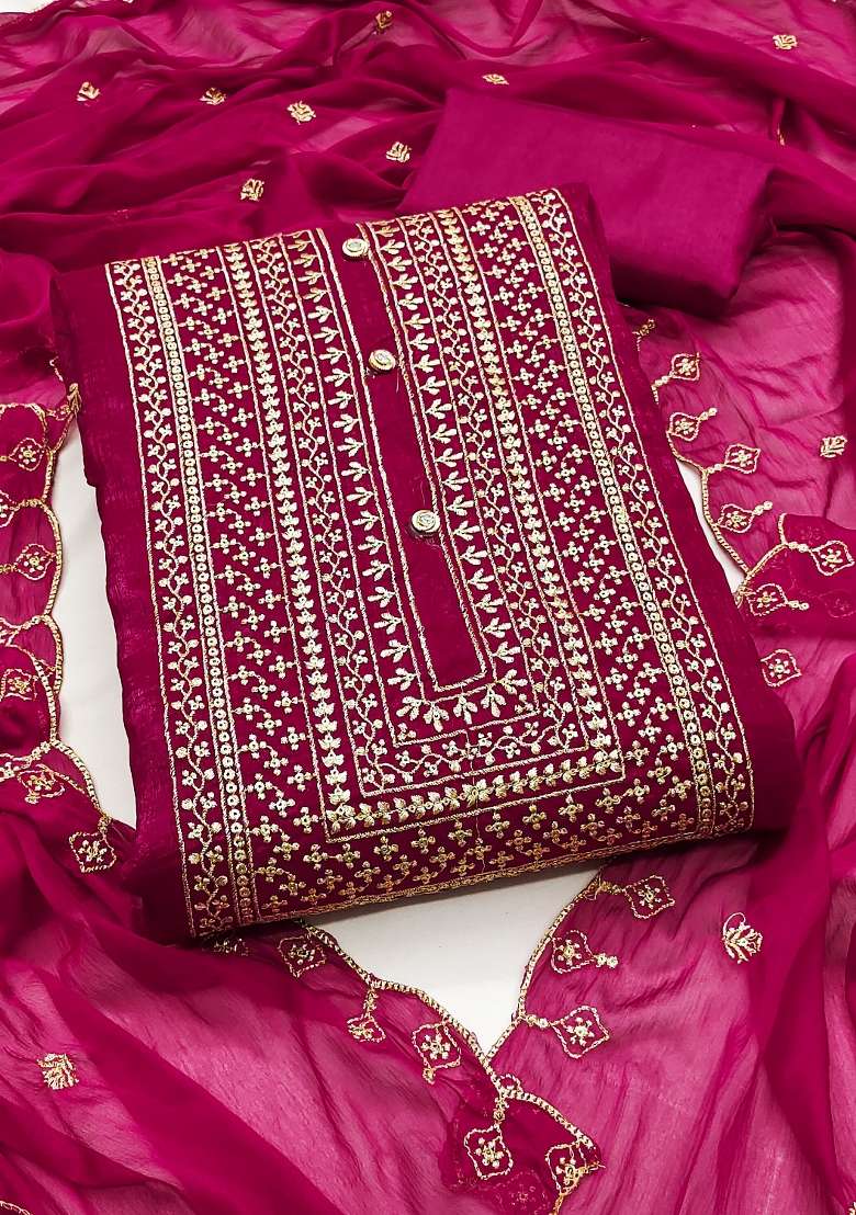 Pink Embroidered Silk Blend Dress Material - Indya