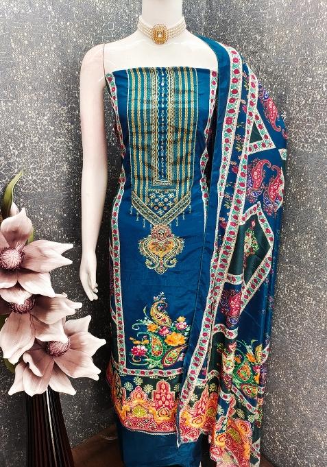 Blue Embroidered Chinon Dress Material