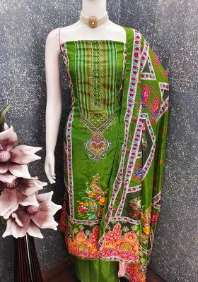 Green Embroidered Chinon Dress Material