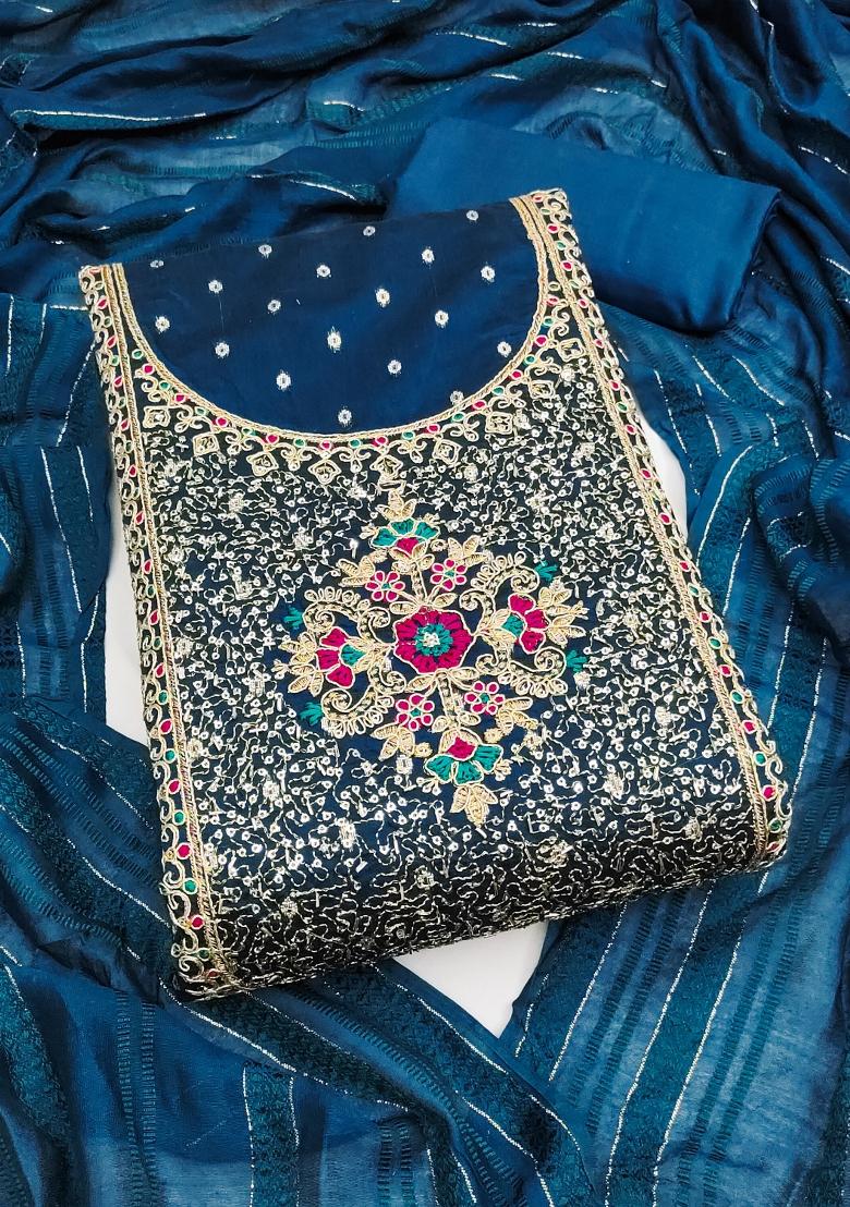 Blue Embroidered Jacquard Dress Material