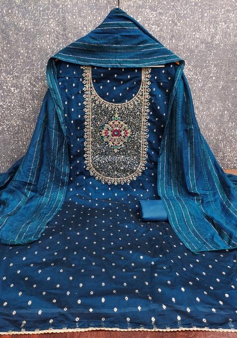 Blue Embroidered Jacquard Dress Material