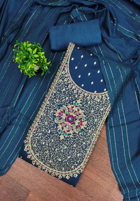 Blue Embroidered Jacquard Dress Material
